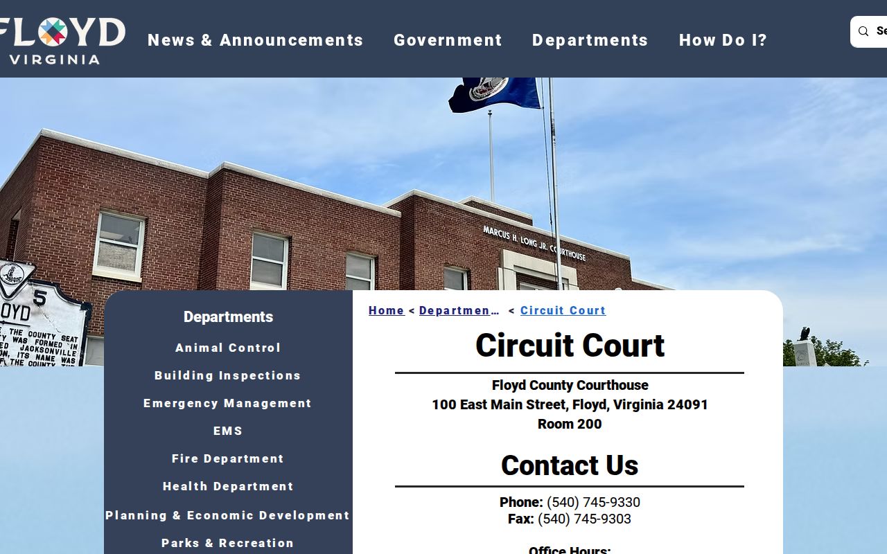 Floyd County Circuit Court clerk page with case record links and office contact details