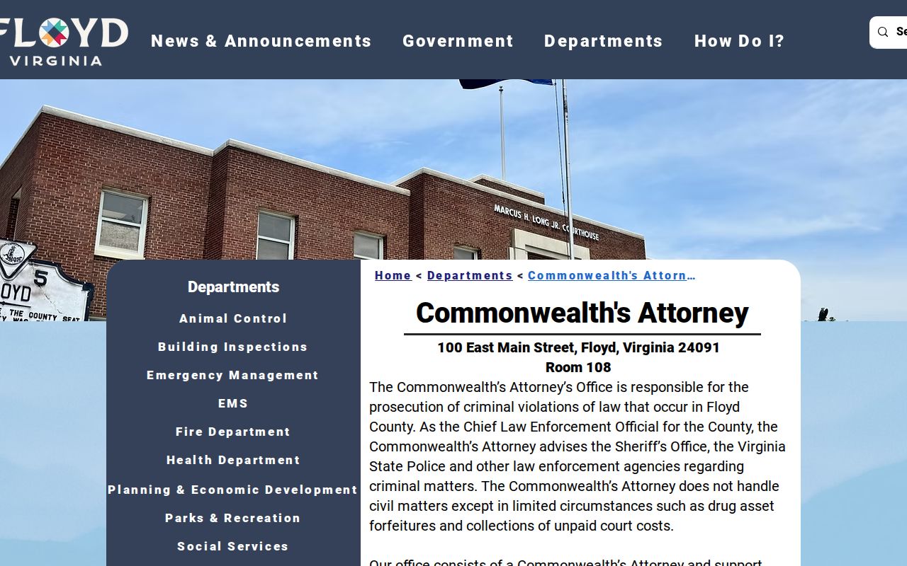 Official Floyd County Commonwealth's Attorney page describing the local prosecution office