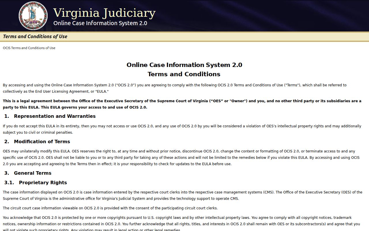 Virginia OCIS 2.0 landing page used to search Floyd County criminal court cases