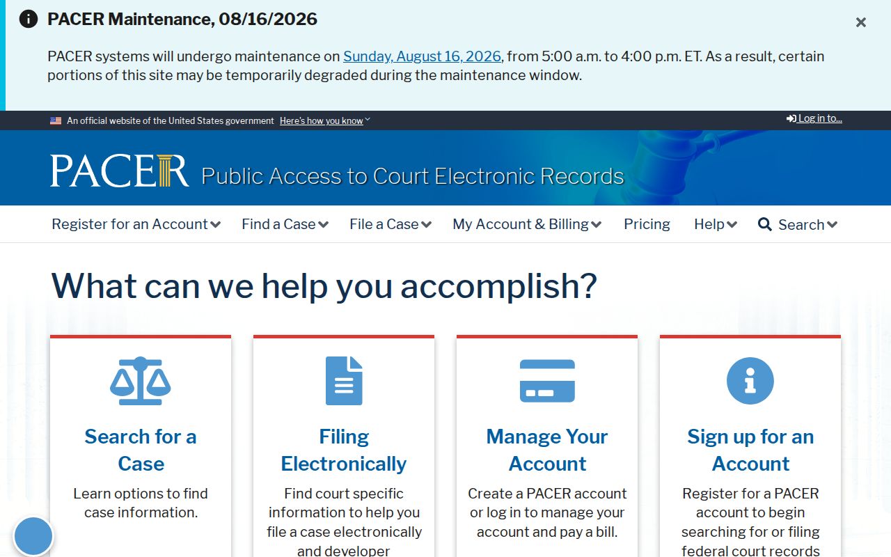 PACER federal court records registration and search homepage