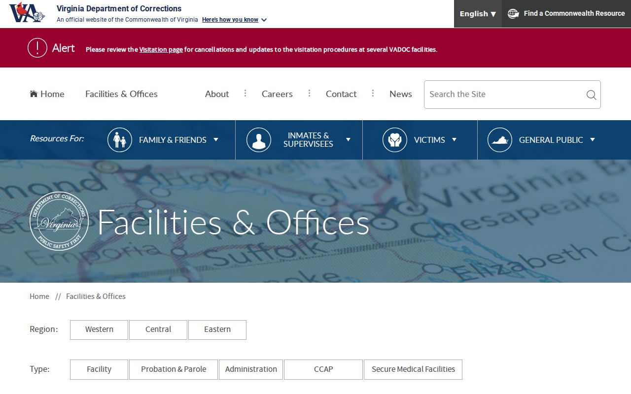 Virginia Department of Corrections facilities and community supervision office directory